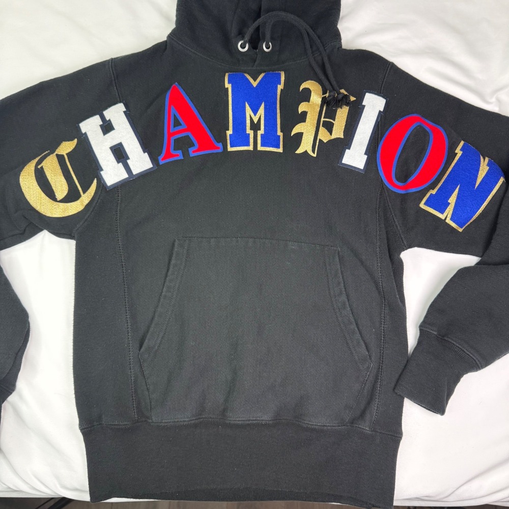 Champion Reverse Weave Hoodie Black Multi Color Chenille Logo XS Sweatshirt